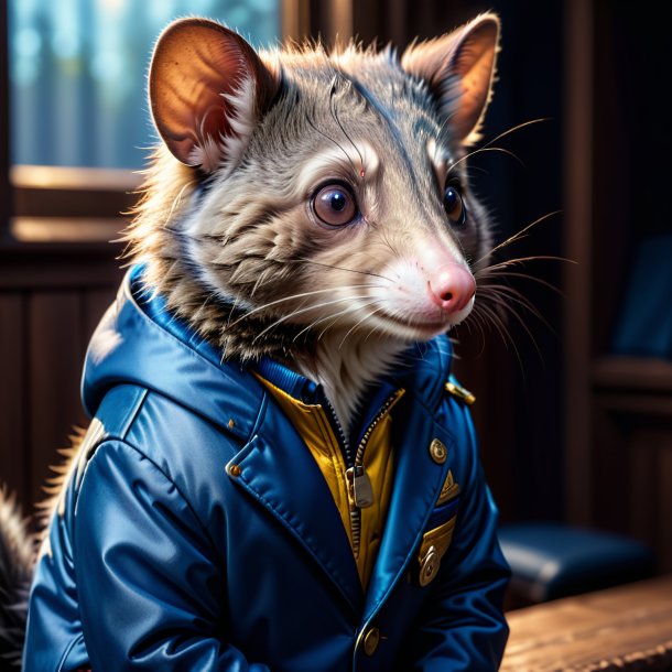 Image of a possum in a blue jacket