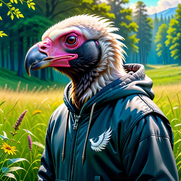 Drawing of a vulture in a hoodie in the meadow