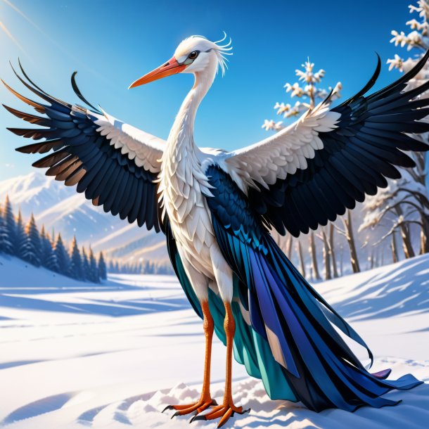 Drawing of a stork in a dress in the snow