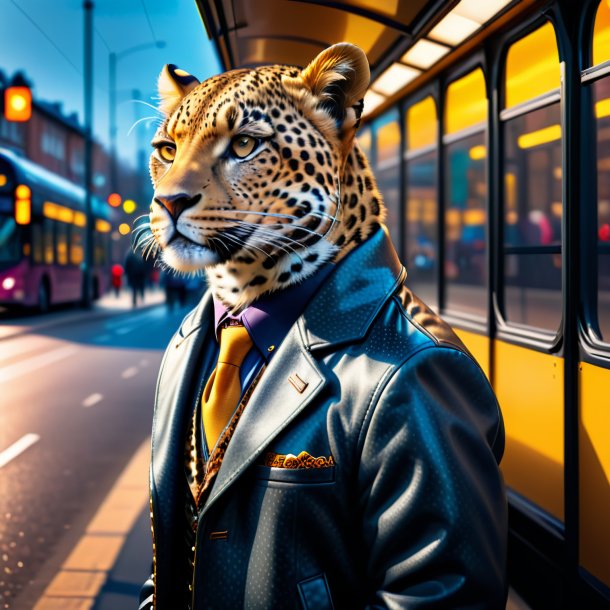 Foto de um leopardo em uma jaqueta no ponto de ônibus