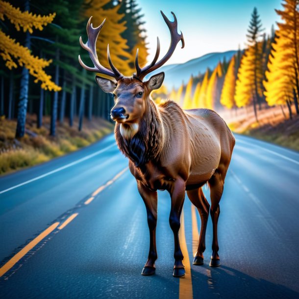 Photo of a elk in a hoodie on the road