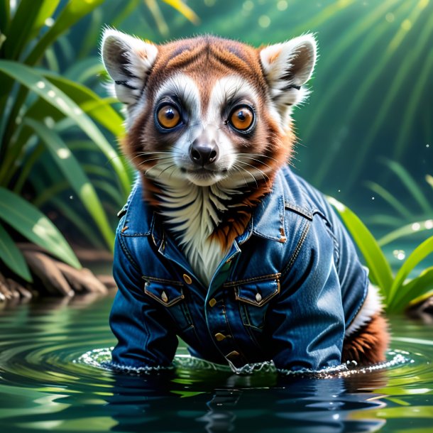 Picture of a lemur in a jeans in the water