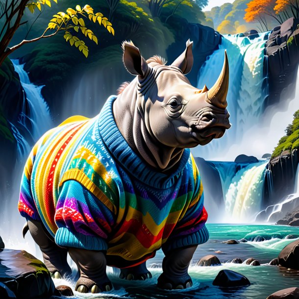 Drawing of a rhinoceros in a sweater in the waterfall