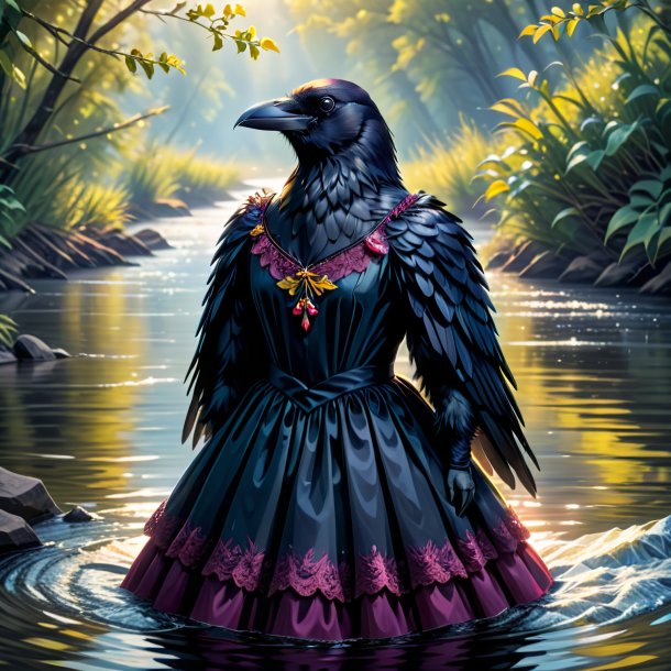 Illustration of a crow in a dress in the river