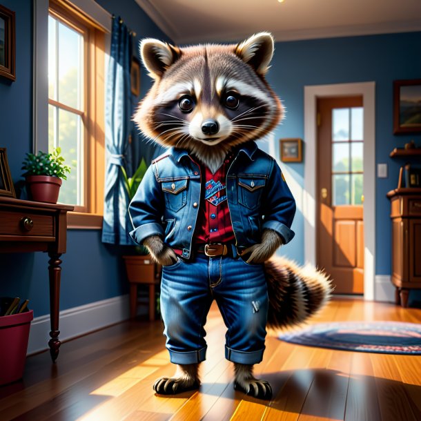 Illustration of a raccoon in a jeans in the house