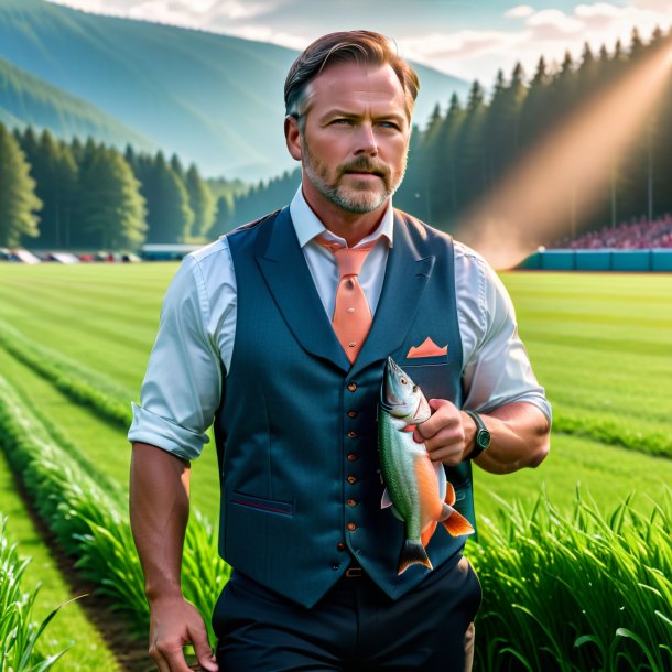 Picture of a salmon in a vest on the field