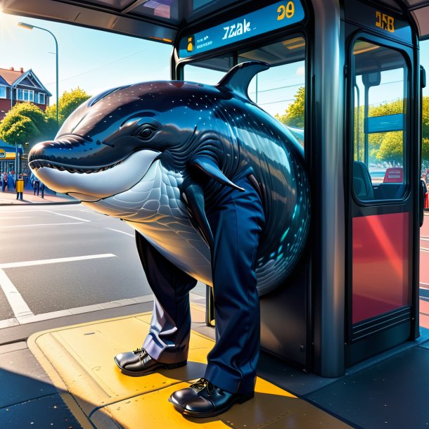 Drawing of a whale in a trousers on the bus stop