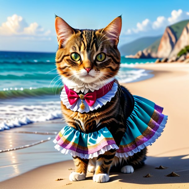 Retrato de um gato em uma saia na praia