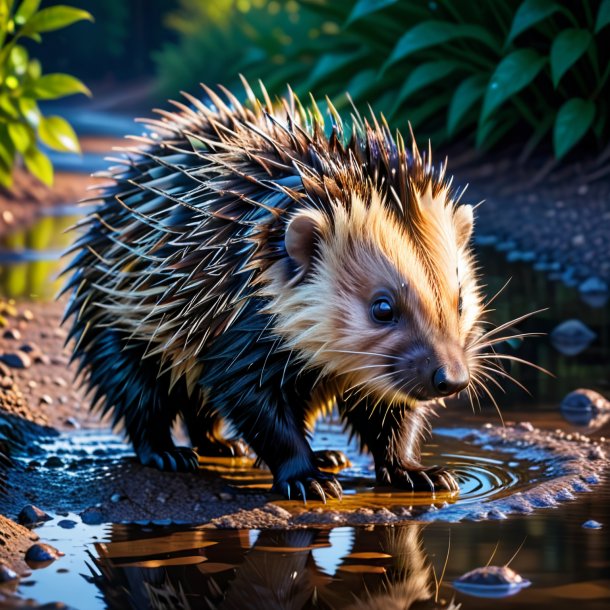 Image of a drinking of a porcupine in the puddle