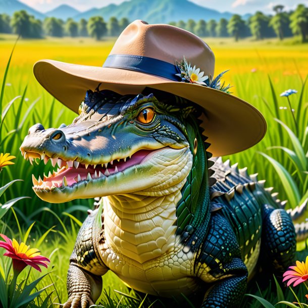 Image d'un crocodile dans un chapeau dans la prairie