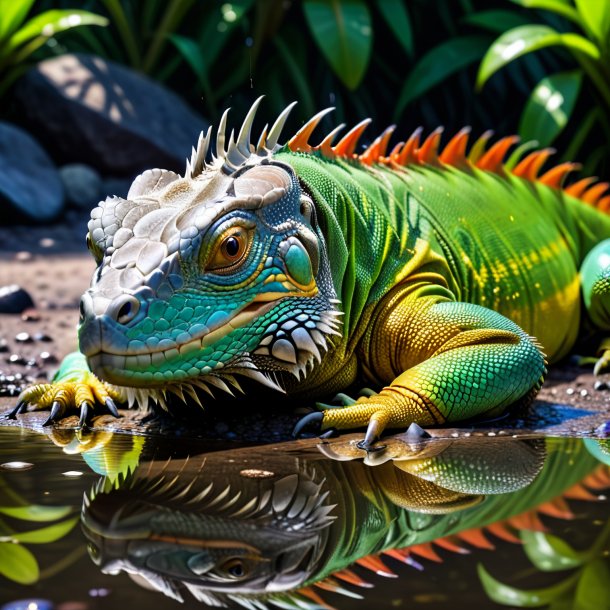 Pic of a sleeping of a iguana in the puddle