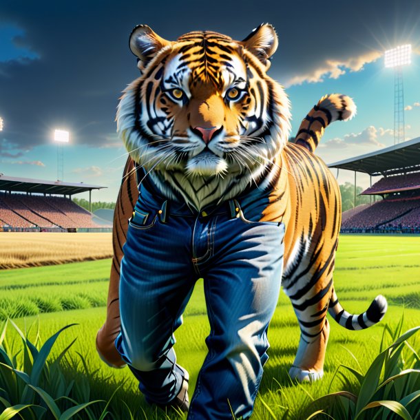 Dibujo de un tigre en un jeans en el campo