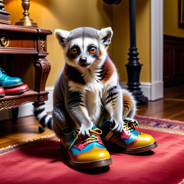 Photo of a lemur in a shoes in the house