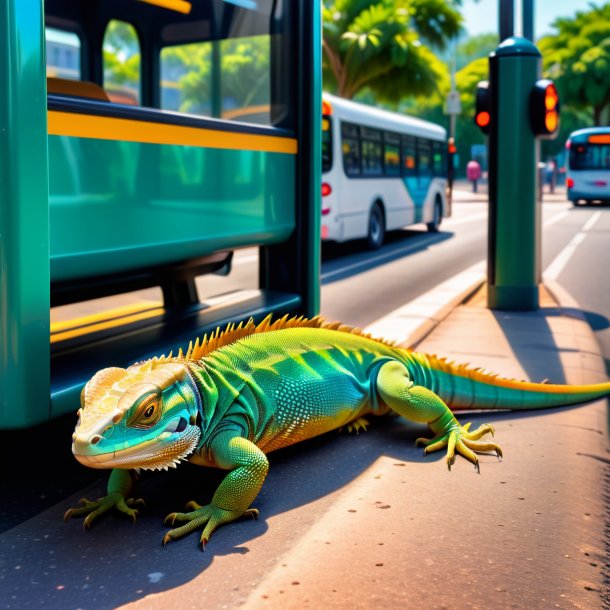 Picture of a sleeping of a lizard on the bus stop