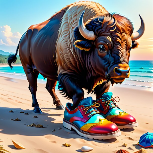 Dessin d'un bison dans une chaussure sur la plage