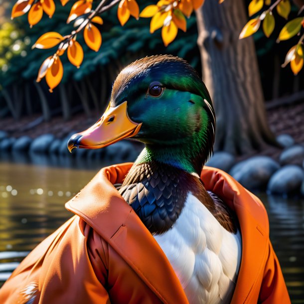 Foto de un pato en un abrigo de naranja