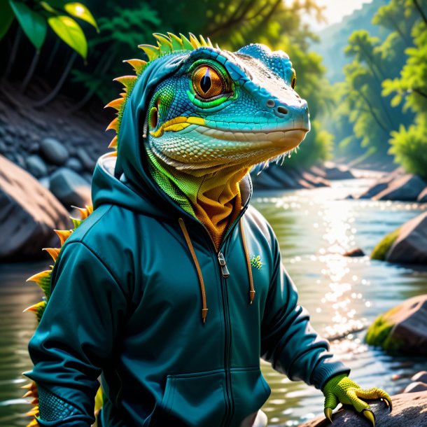 Foto de un lagarto en una sudadera con capucha en el río