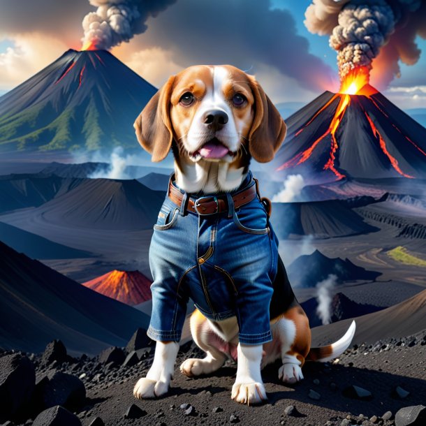 Photo of a beagle in a jeans in the volcano