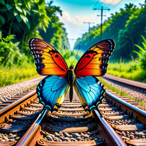 Foto de una sonrisa de una mariposa en las vías del ferrocarril