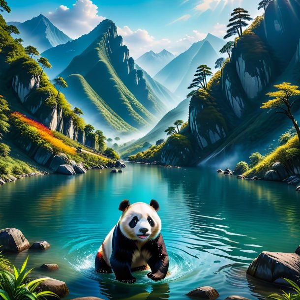 Pic of a swimming of a giant panda in the mountains