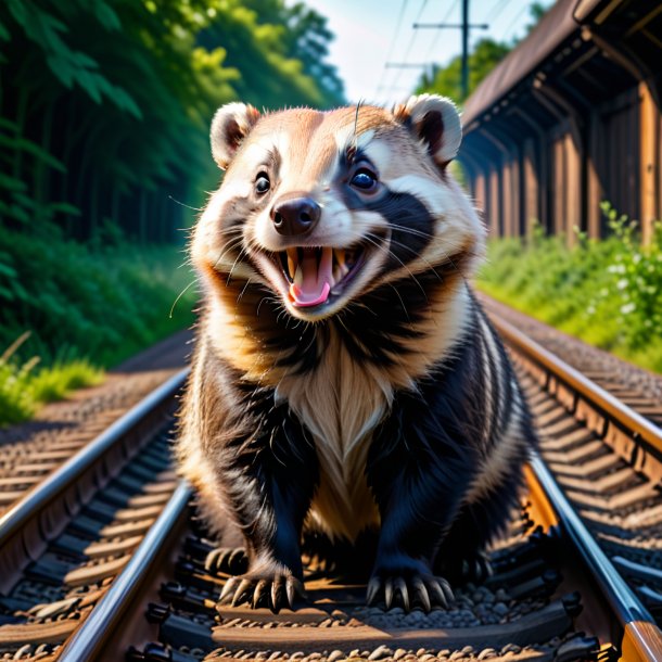 Foto de una sonrisa de un tejón en las vías del tren