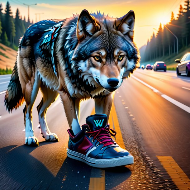 Foto de un lobo en un zapato en la carretera