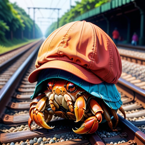 Illustration of a hermit crab in a cap on the railway tracks