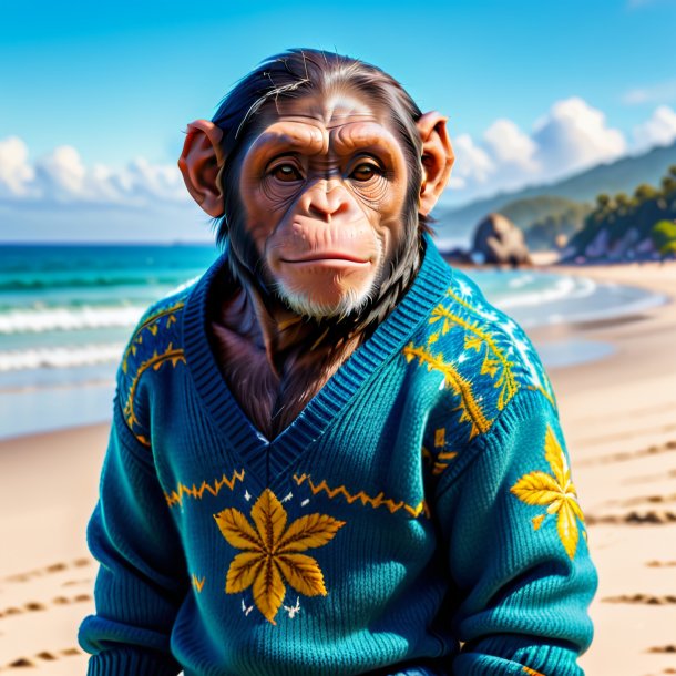 Picture of a chimpanzee in a sweater on the beach