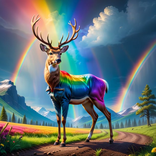 Image of a deer in a jeans on the rainbow