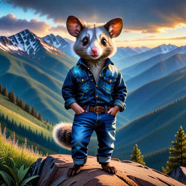 Image d'un possum dans un jean dans les montagnes