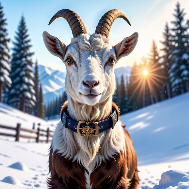 Pic of a goat in a belt in the snow