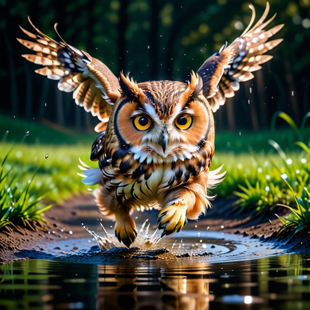 Pic of a jumping of a owl in the puddle