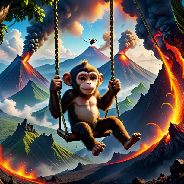 Image of a swinging on a swing of a monkey in the volcano