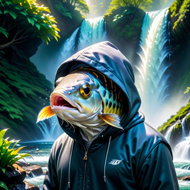 Image of a fish in a hoodie in the waterfall