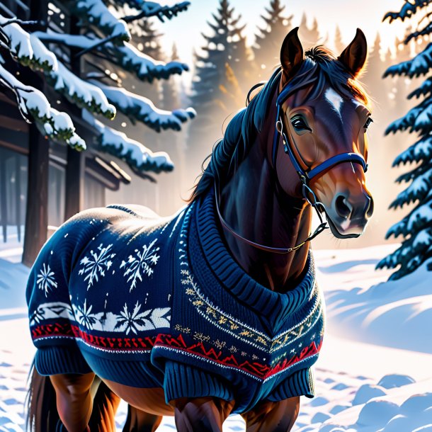 Illustration of a horse in a sweater in the snow