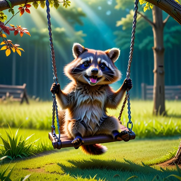 Pic of a swinging on a swing of a raccoon on the field