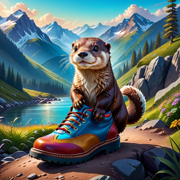 Illustration d'une loutre dans une chaussure dans les montagnes