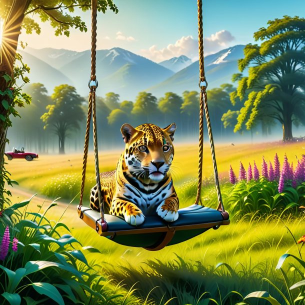 Picture of a swinging on a swing of a jaguar in the meadow