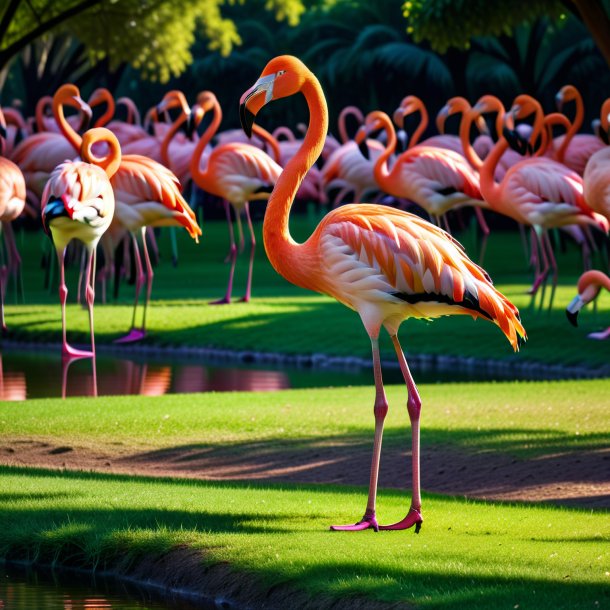 De uma espera de um flamingo no parque