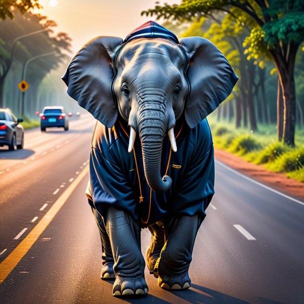 Pic d'un éléphant dans un sweat à capuche sur la route