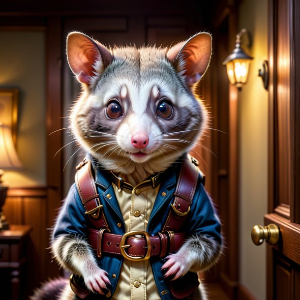 Image d'un opossum dans une ceinture dans la maison