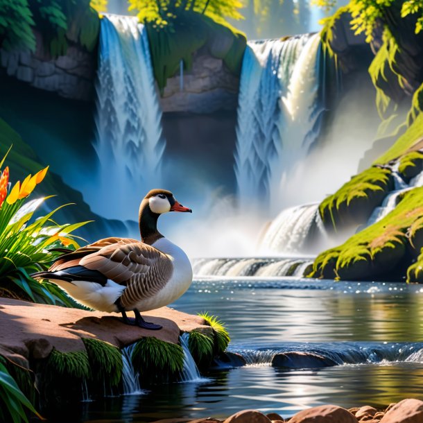 Photo of a resting of a goose in the waterfall