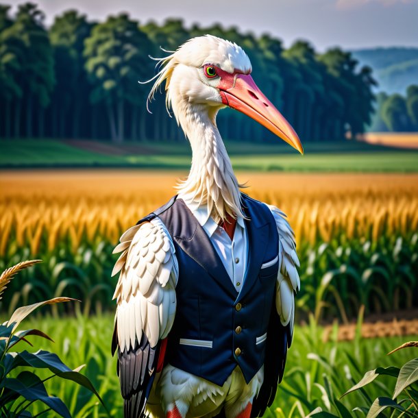 Foto de uma cegonha em um colete no campo