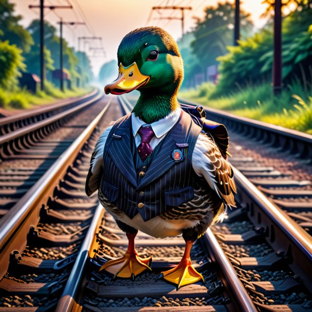 Foto del pato en el chaleco sobre las vías del ferrocarril