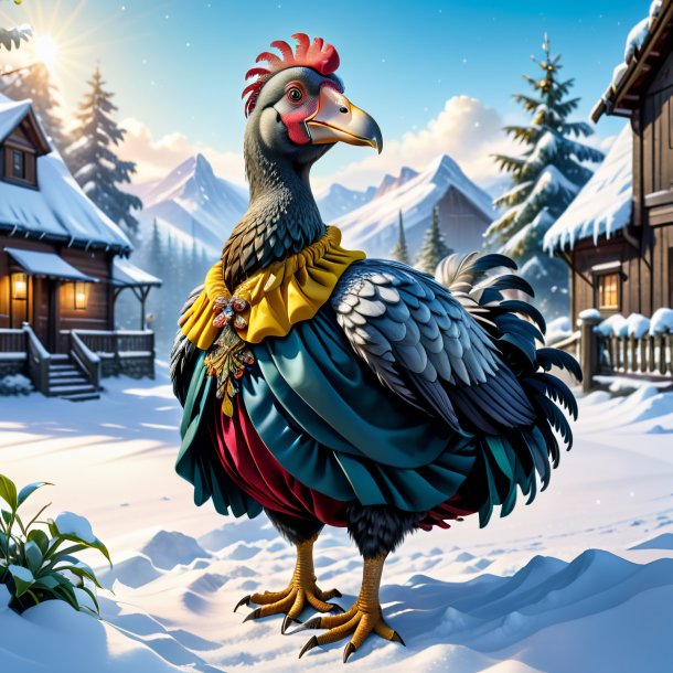 Illustration of a dodo in a skirt in the snow