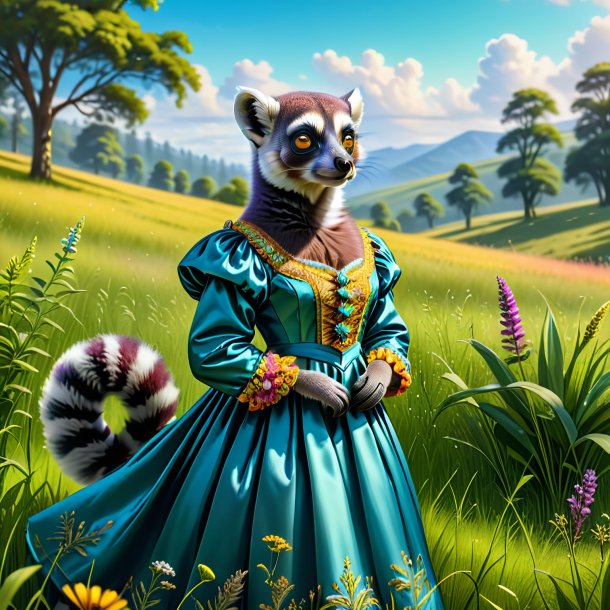 Illustration of a lemur in a dress in the meadow