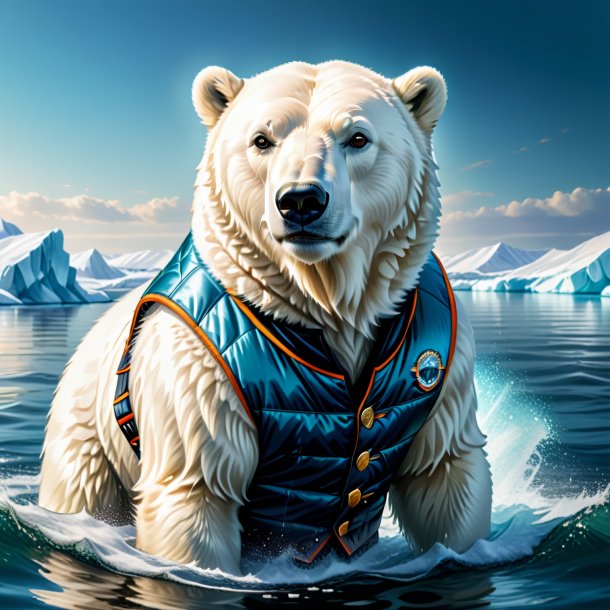 Desenho de um urso polar em um colete na água