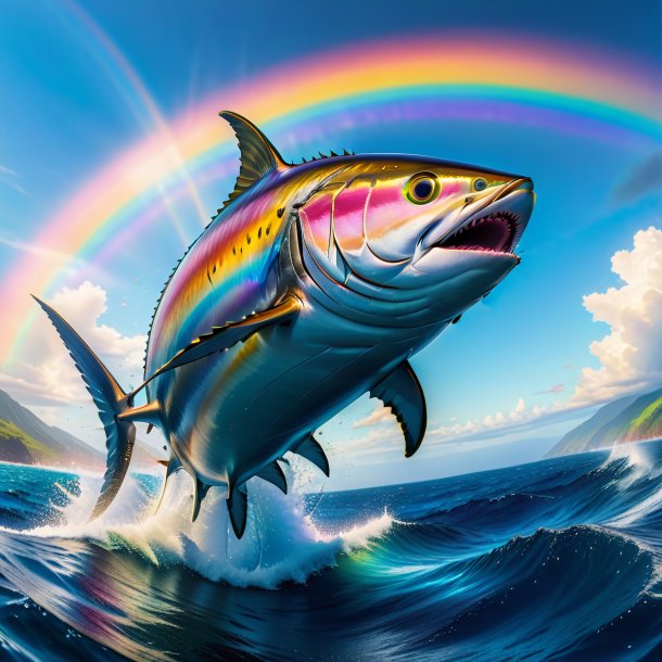 Pic of a jumping of a tuna on the rainbow