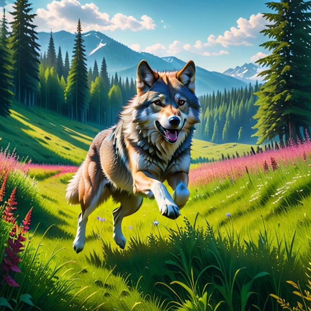 Photo of a jumping of a wolf in the meadow