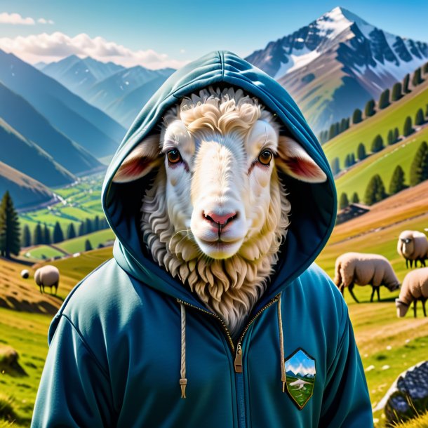 Picture of a sheep in a hoodie in the mountains